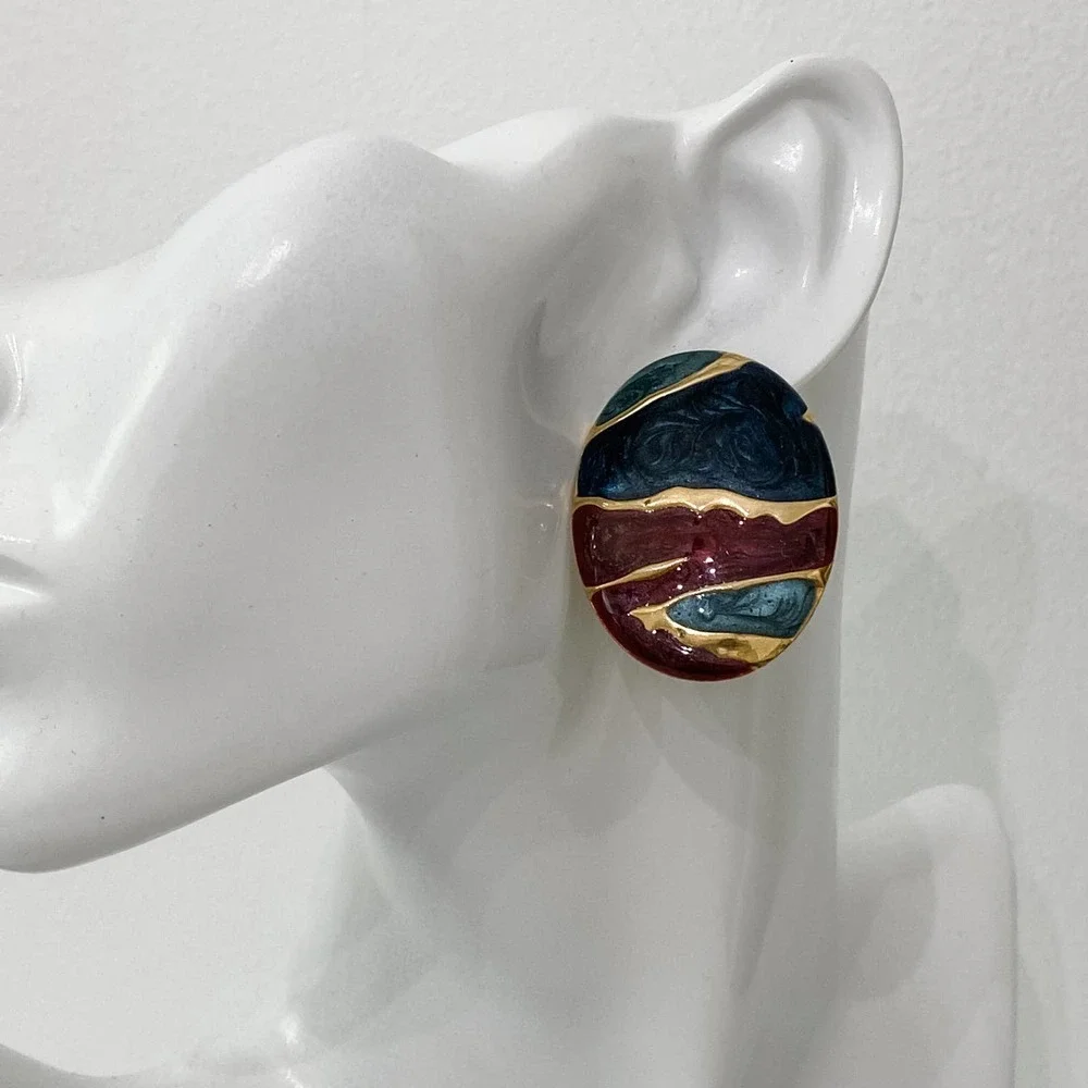VTG 80s Oval Deep Blue Maroon Earrings